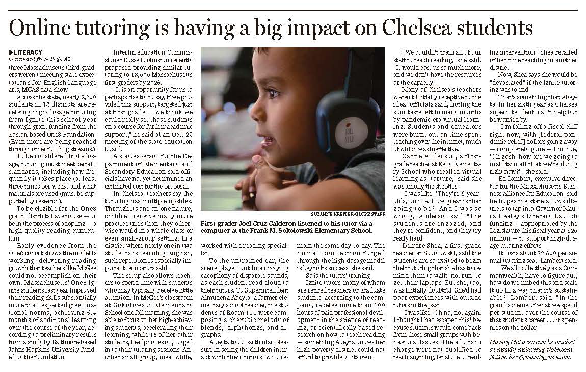 Page A10 of the Boston Globe from 11-18-24 featuring a picture of a CPS student using the district's online tutoring program